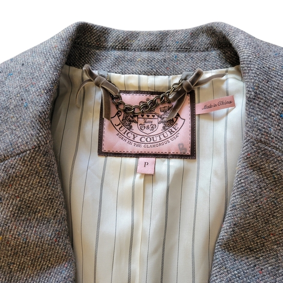 Juicy Couture Petite Wool Blend Blazer Grey Tweed Crest Label Y2K XS - Picture 3 of 9
